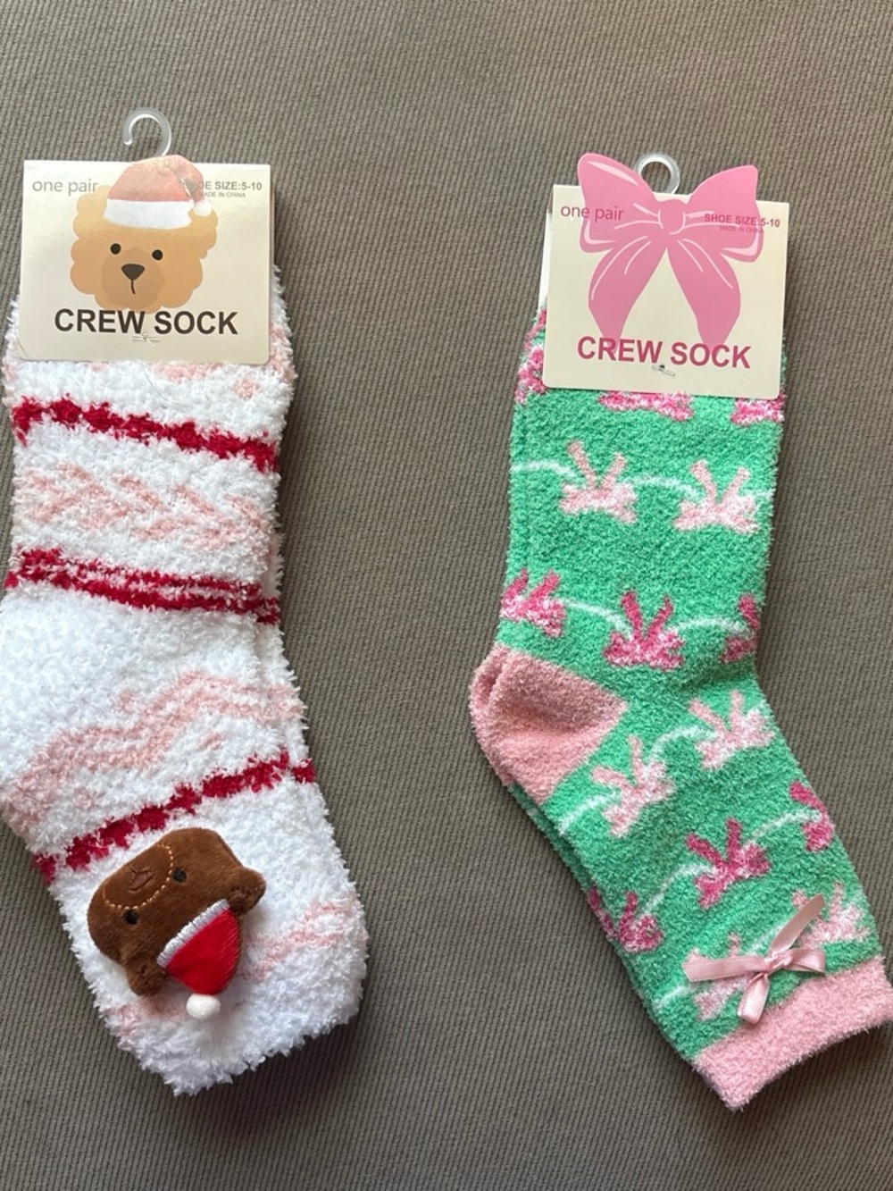 Kids Plush Crew Socks - Green & Pink Bunny Pattern